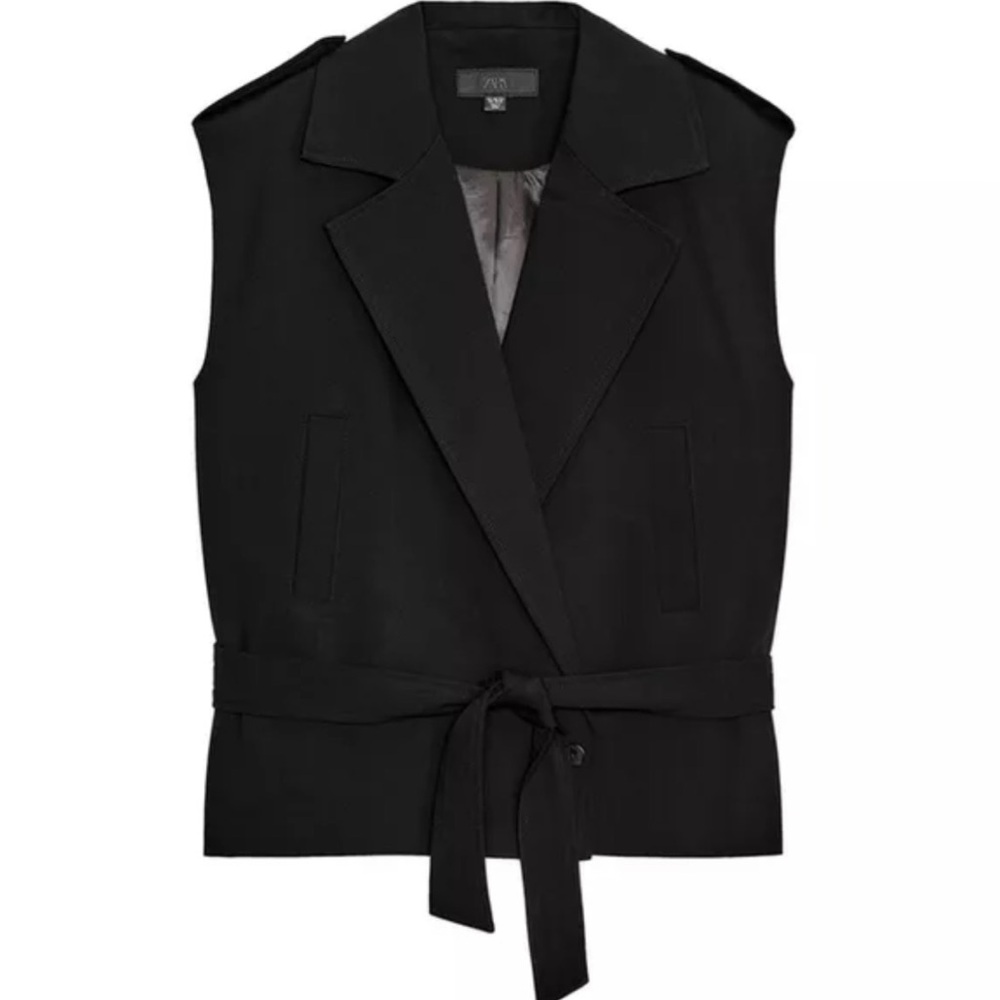 Zara Black Sleeveless Trench Vest with Tie Waist XS-S